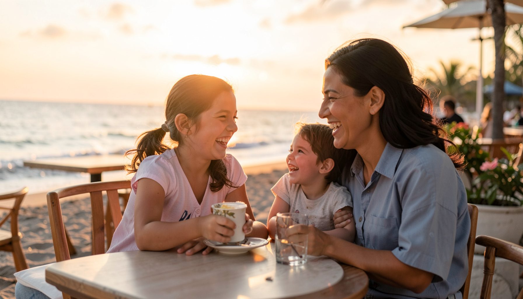 A mother and adult child laughing together at a beachside café, warm sunset tones