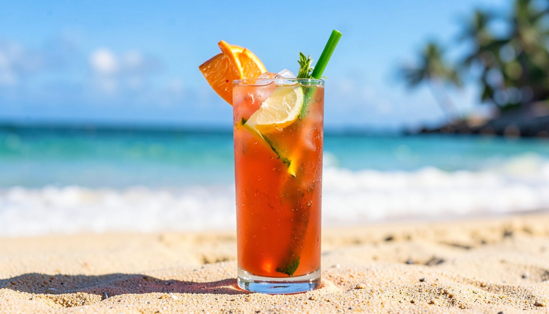 A chilled tropical drink in a tall glass with fruit garnish, set against a beach backdrop