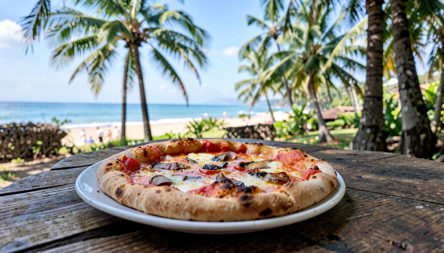 A wood-fired pizza on a rustic table with a view of palm trees and a Goan beach beyond